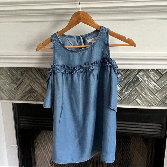 LC LAUREN CONRAD Cold Shoulder CHAMBRAY Ruffle Blouse COLD SHOULDER Top XS - Picture 9 of 11